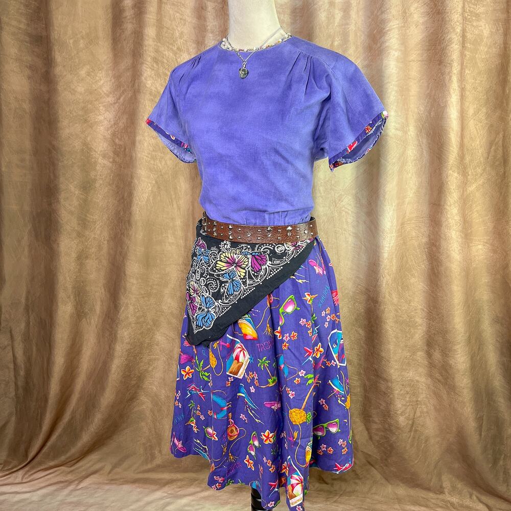 Vintage Tropical Dress 90s Handmade Fit & Flare Short Sleeve Midi Purple Hawaii
